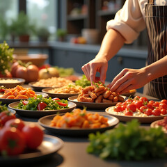 Obraz premium Chef preparing dishes with various ingredients in a kitchen setting for a culinary experience