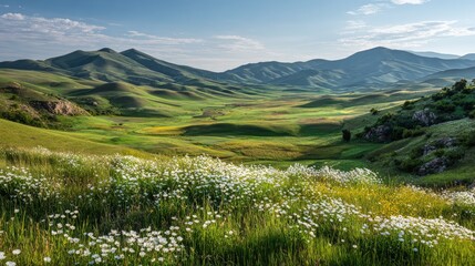 A serene landscape of rolling green hills under a clear blue sky beautiful spring flowers blooming soft sunlight peaceful atmosphere