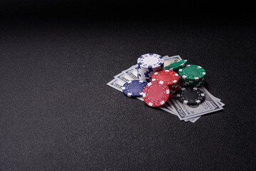 Casino chips, bets and gambling, risk to win or lose money. Betting chips