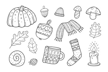 Autumn Comforts: A delightful collection of hand-drawn fall-themed elements, including pumpkins, acorns, hats, mushrooms, and cozy accessories.