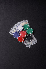 Casino chips, bets and gambling, risk to win or lose money. Betting chips
