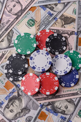 Casino chips, bets and gambling, risk to win or lose money. Betting chips