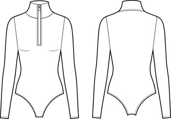 Long sleeve bodysuit technical drawing, front back views, high collar zip detail, fitted garment template, fashion sketch, clothing outline, apparel vector mockup.