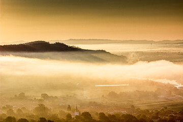 Landscape on the Olt River, Romania in the early morning.