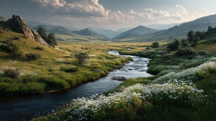 Obraz premium Peaceful river meanders through rolling hills scenic landscape with wildflowers grazing deer and soft morning light