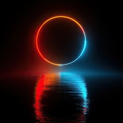 Obraz premium Neon circle over water reflection