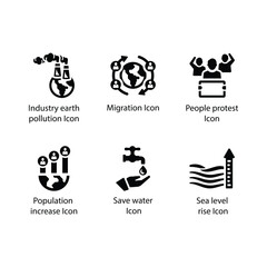 Earth pollution, Migration, People protest, Population increase, Save water, Sea level rise, icon