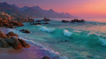 Misty ocean scenic landscape at dawn soft pastel hues blending with gentle waves rolling onto a secluded rocky shore