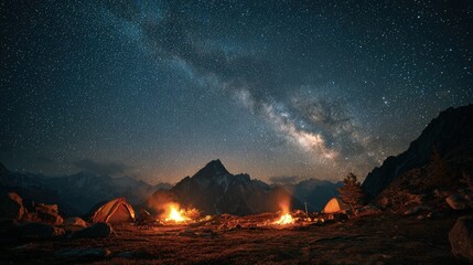 A vast mountain range under the Milky Way scenic night landscape with glowing campfires and a sky full of stars