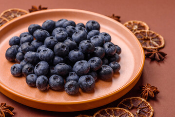 Fresh juicy blueberries, healthy vegan food with vitamins and minerals. Blueberries berry