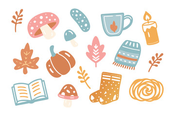 Autumn Collection of Delightful Items: A whimsical collection of autumn-themed icons includes a pumpkin, mushrooms, cup, leaf, candle, book, and a cozy sock, evokes a sense of warmth.