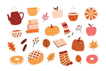 Autumnal Aesthetic Collection: An inviting assortment of autumn-themed illustrations. Featuring warm drinks, delightful treats, cozy accessories, and vibrant leaves to set the scene. 