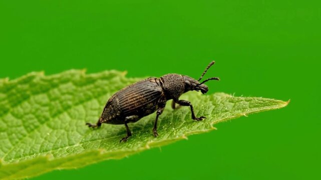 Close-up of a Dark Beetle on a Vibrant Green Leaf