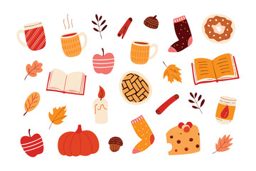 Autumn's Cozy Collection: A heartwarming collection of autumn essentials, featuring cozy mugs, steaming hot beverages, baked goods, and vibrant fall leaves.