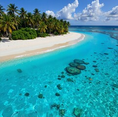 Fototapeta premium A stunning tropical beach with crystalclear turquoise waters, surrounded by palm trees and a pristine white sand shoreline 