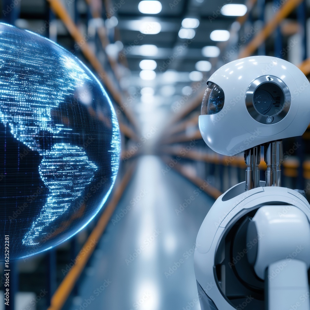 Poster digital world and artificial intelligence: futuristic robot intently observes a holographic earth, s