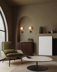 Modern Minimalist Interior with Blank Poster Frame and Soft Lighting, 3d illustration.