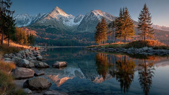 Serene mountain landscape at dusk a perfectly still lake mirroring snow-capped peaks beautiful reflection doubling the golden sunset colors