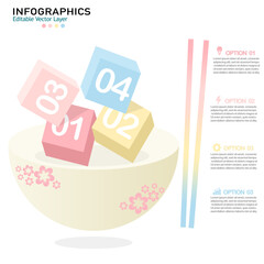 A creative infographics vector with four 3D numbered cubes in a bowl, perfect for business presentations, marketing, and reports.