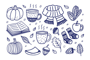 Cozy Autumn Sketches: A charming collection of hand-drawn sketches capturing the warmth and essence of autumn, including a pumpkin, cup of coffee, scarf, leaf, socks, acorn and book.
