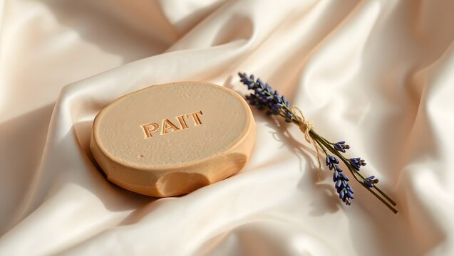A beige soap bar with the word pait and a sprig of lavender on a silky cream colored fabric