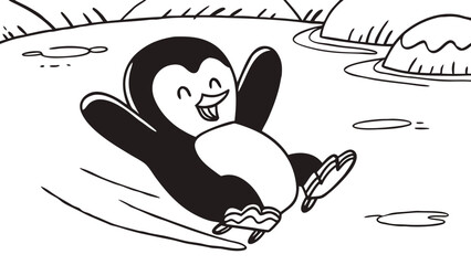 Obraz premium Cute, funny cartoon elephant vector illustration, a black and white drawing for coloring with a happy bird on its back