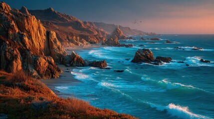 Majestic ocean sunset over cliffs crashing waves below seagulls soaring through the golden light beautiful and wild