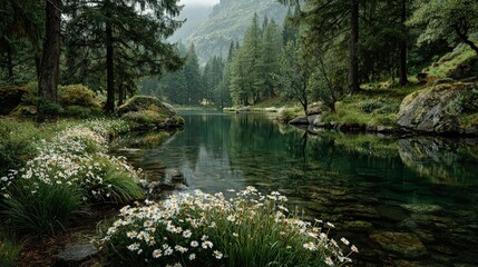 Lush green landscape with a secluded lake morning fog lifting wildflowers blooming along the shore dewdrops sparkling in sunlight