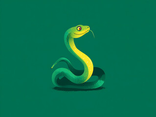 Naklejka premium A striking stylized illustration of a vibrant green snake, coiling gracefully on a shaded surface. Evoking curiosity and a sense of primal elegance, with bold colors and clean lines.