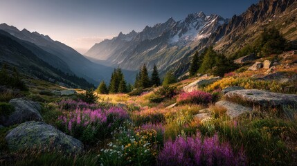 Majestic snow-capped mountains under a golden sunrise scenic alpine landscape with misty valleys and vibrant wildflowers