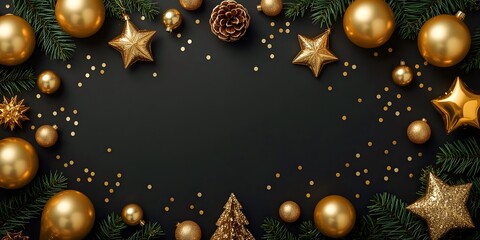 Elegant Golden Ornament and Pine Branch Arrangement for Christmas Background