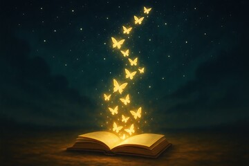 Open book on the ground releasing glowing butterflies that form a staircase into the sky – concept of escape through stories. Generative AI