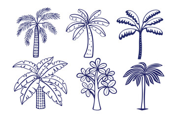 Obraz premium Exotic Palms in Blue Print: A collection of detailed hand-drawn palm illustrations in a refreshing blue hue, perfect for tropical themes and design.