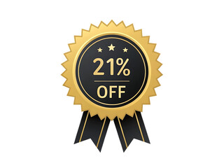Golden sunburst badge with black ribbon showing twenty one percent off isolated on a transparent background