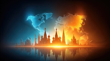 Global cityscape silhouette reflecting on water, with world map overlay.