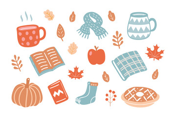 Autumnal Cozy Illustration: Charming illustration captures the essence of autumn, featuring a warm cup, apple, pumpkin, leaves, and other seasonal items in a photorealistic style. 