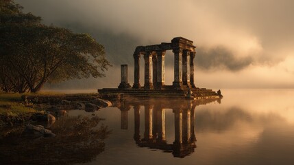 Ancient temple ruins beside a misty lake crumbling columns mirrored perfectly in the water beautiful and haunting golden hour glow