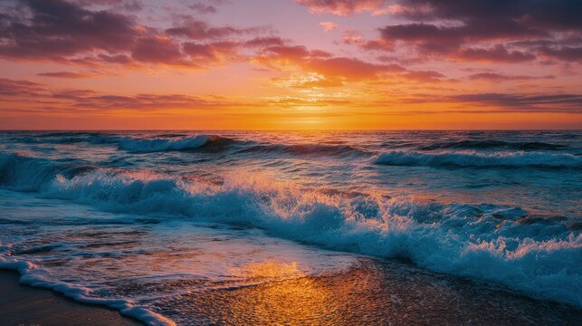 A breathtaking ocean sunset golden waves crashing vibrant pink and orange skies reflecting on the water beautiful and serene