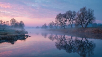 Fototapeta premium Misty river at dawn scenic landscape with fog-covered trees tranquil water mirroring the pastel sky