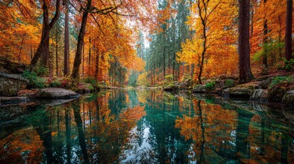 Enchanted forest landscape with a glassy pond vibrant autumn leaves reflecting upside down in the water beautiful and surreal symmetry