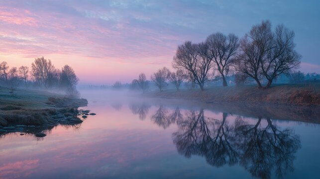 Misty river at dawn scenic landscape with fog-covered trees tranquil water mirroring the pastel sky