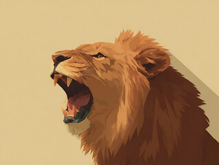 A regal lion roars, showcasing its fierce expression and commanding presence, rendered in a captivating graphic style with warm, earthy tones.