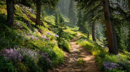 Lush forest scenic landscape in summer wildflowers blooming along a winding dirt path sunlight dappling the vibrant green foliage