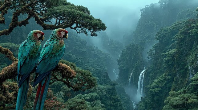 Dense tropical forest scenic landscape vibrant parrots perched on vines a cascading waterfall hidden deep within the emerald jungle