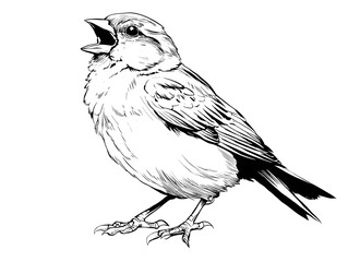 A detailed sketch of a singing bird, meticulously crafted in a black and white illustration, capturing the bird's posture.