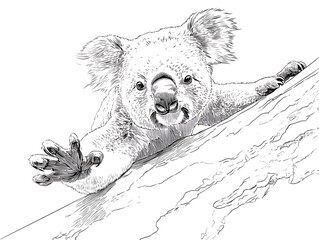 An adorable koala clings to a tree branch, its engaging eyes and outstretched paw creating a heartwarming scene of nature's gentle beauty. Capturing the animal's cute expression and delicate texture.