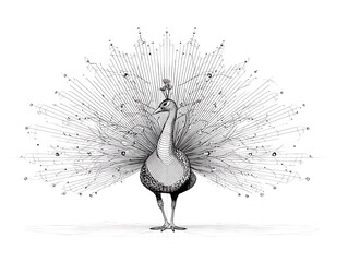 An intricate pen and ink illustration showcases a stunning peacock displaying its elaborate plumage, exuding an aura of artistic elegance.