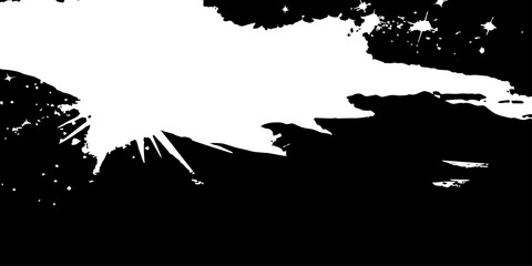 "White starburst splatter on black void, jagged radial ink splash with scattered particles, dramatic contrast."
