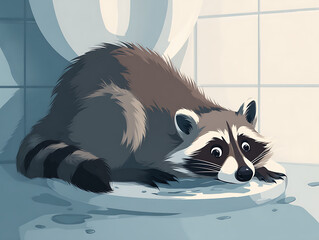 A curious raccoon finds itself in an unusual spot, perched atop a toilet seat, its eyes wide with playful bewilderment. This artfully illustrated scene captures the animal's unexpected venture.