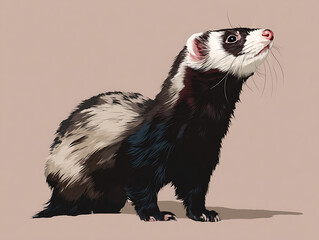 A captivating portrait of a curious ferret, poised in a moment of inquisitive observation, showcasing its unique and striking markings.